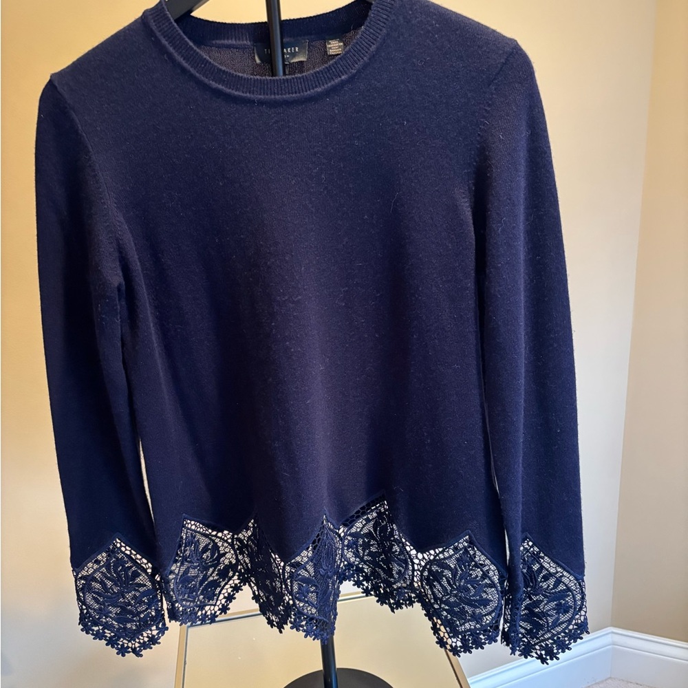 Ted Baker London Navy Long Sleeve Top with Lace Hem